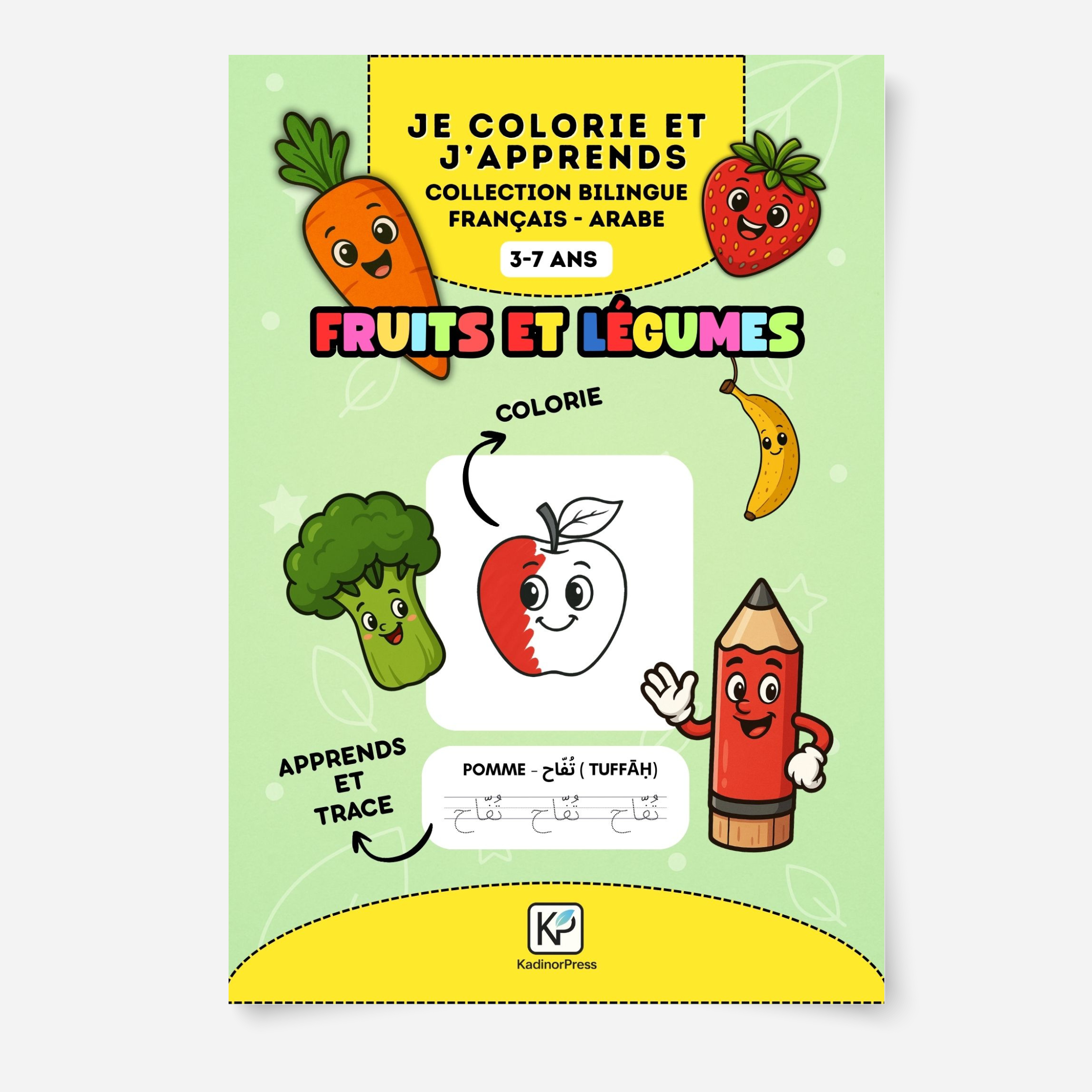 Cahier de coloriage bilingue – Fruits & légumes (Fr–Ar)